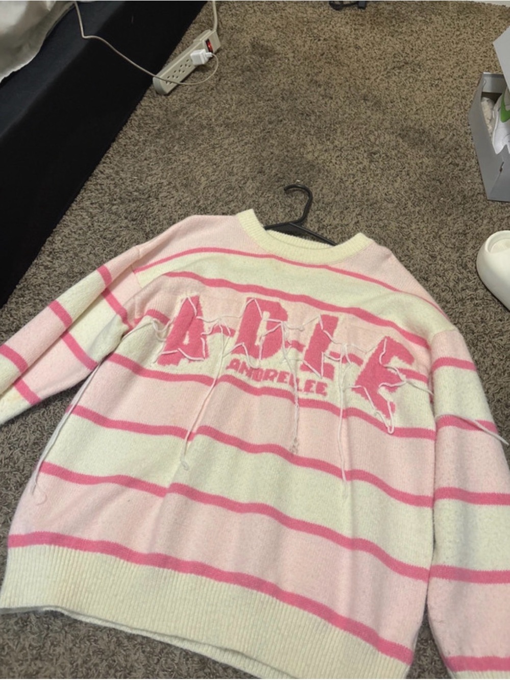 SHEIN Pink and Cream Striped Crewneck Sweater with Logo Detail